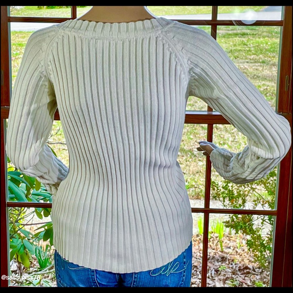 ▪️DKNY JEANS▪️Cream Multi-Pattern Knit Cotton Blend Fitted Sweater - Picture 2 of 7
